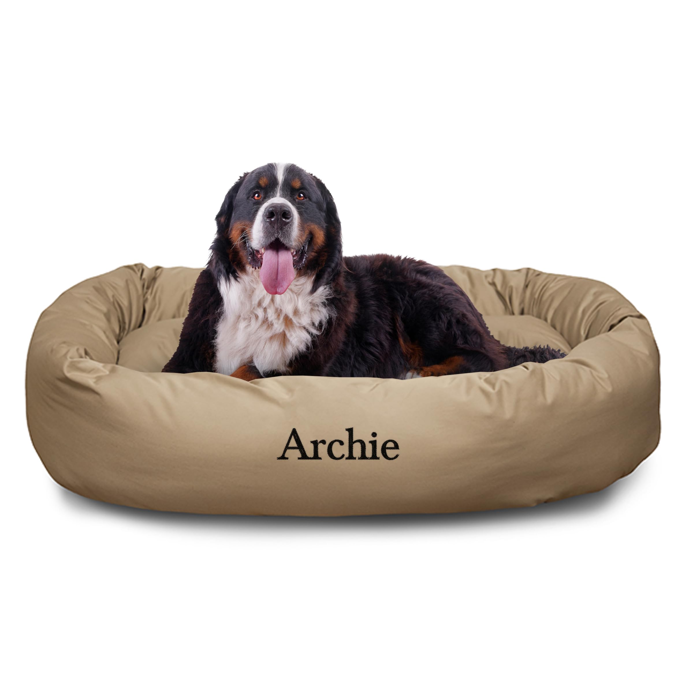 Majestic Pet Personalized 52 Inch Bagel Calming Dog Bed Washable – Cozy Soft Round Dog Bed with Spine Support for Dogs to Rest Their Head - Fluffy Donut Dog Bed 52x35x11 (Inch) - X-Large – Khaki