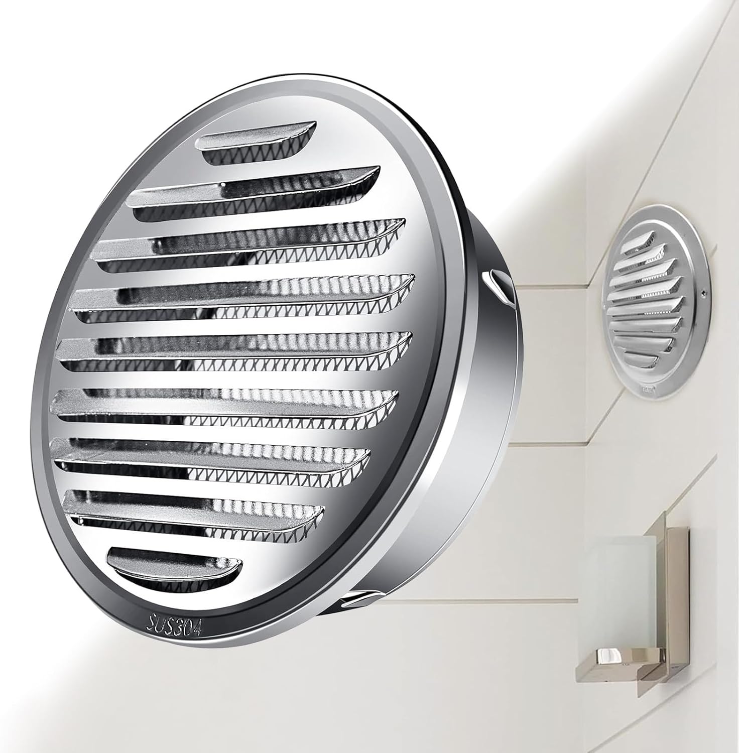 304 Stainless Steel Round Air Vents Cover, Soffit Vents with Gloves, RV Fireplace Camper Louvered Grille Cover Vent Hood, with Screen, Prevents Rain Foreign Matter from Intruding, Ventilation