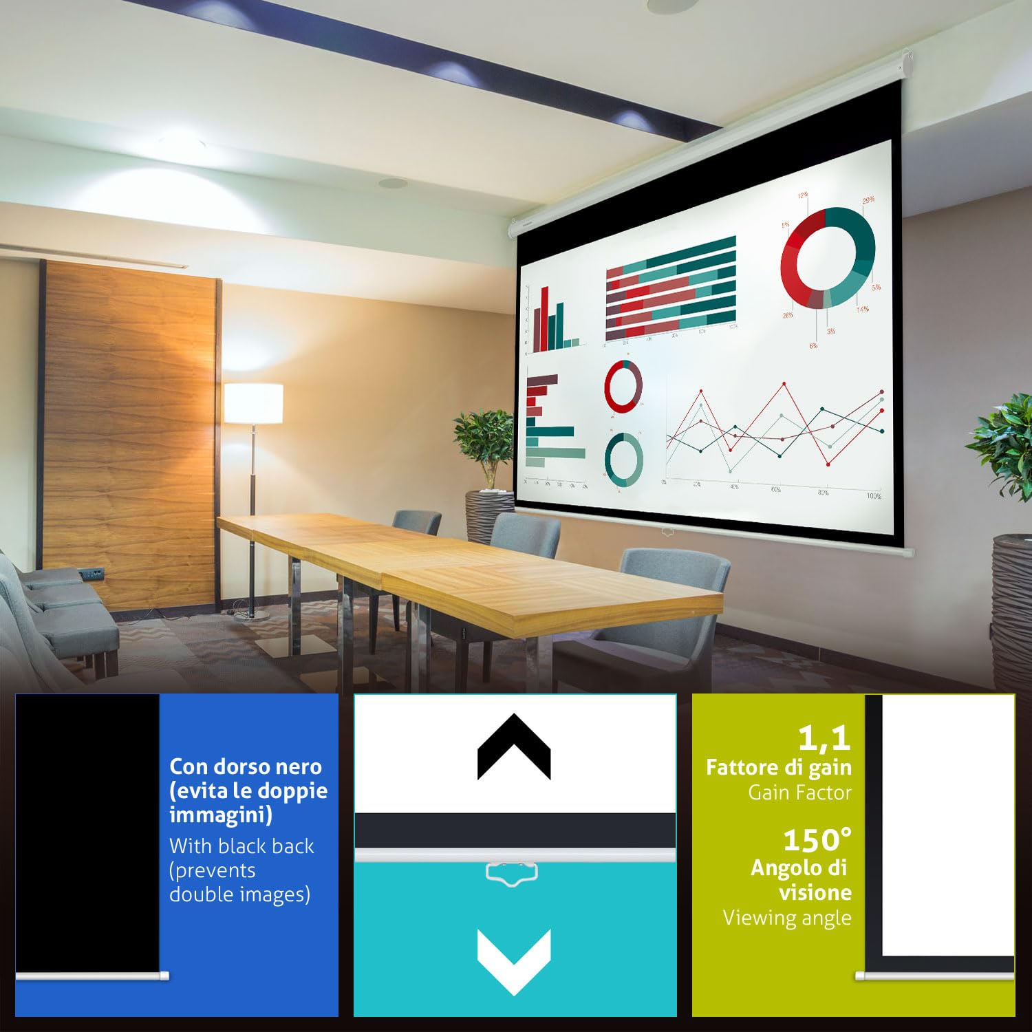 ESMART Economia EXR Schermo di rollo manuale 217 cm Immagine 200 x 113 cm (90") | Formato 16:9 | Schermo per proiezione proiettore home cinema Schermo per tende a rullo LCD LED