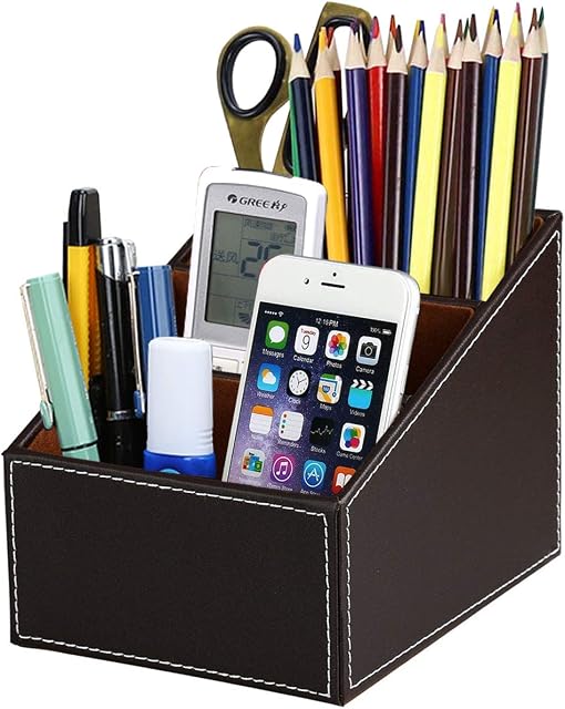 Discoball Remote Control Holder,3 Compartment PU Leather Desk Organiser Pen Holders Desk Tidy Business Card Pen Mobile Phone Storage Box Cosmetics Organizer (Brown)