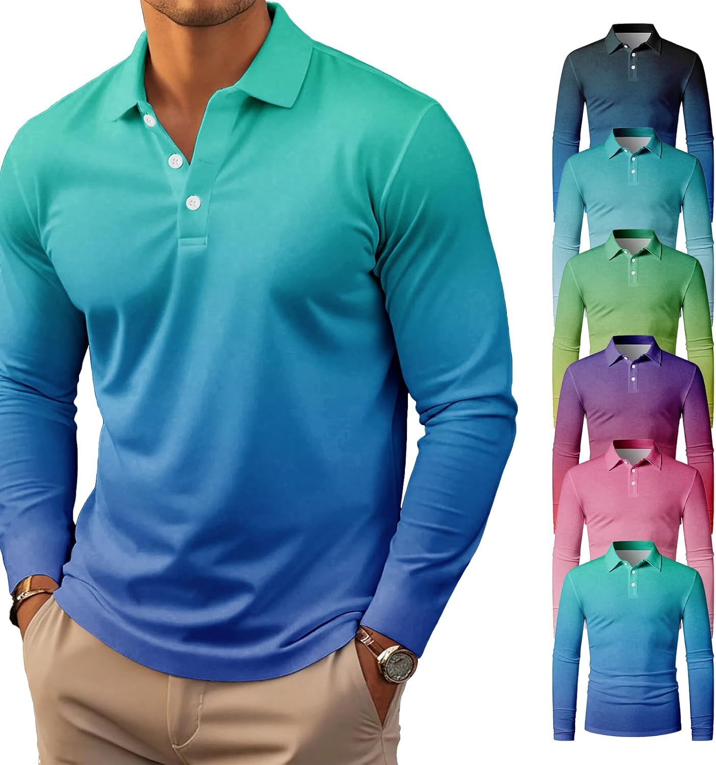 6 Pack Men's Gradient Color Block Polo Shirt Long Sleeve Fashion Casual Golf Shirt Breathable Moisture Wicking Collared Top