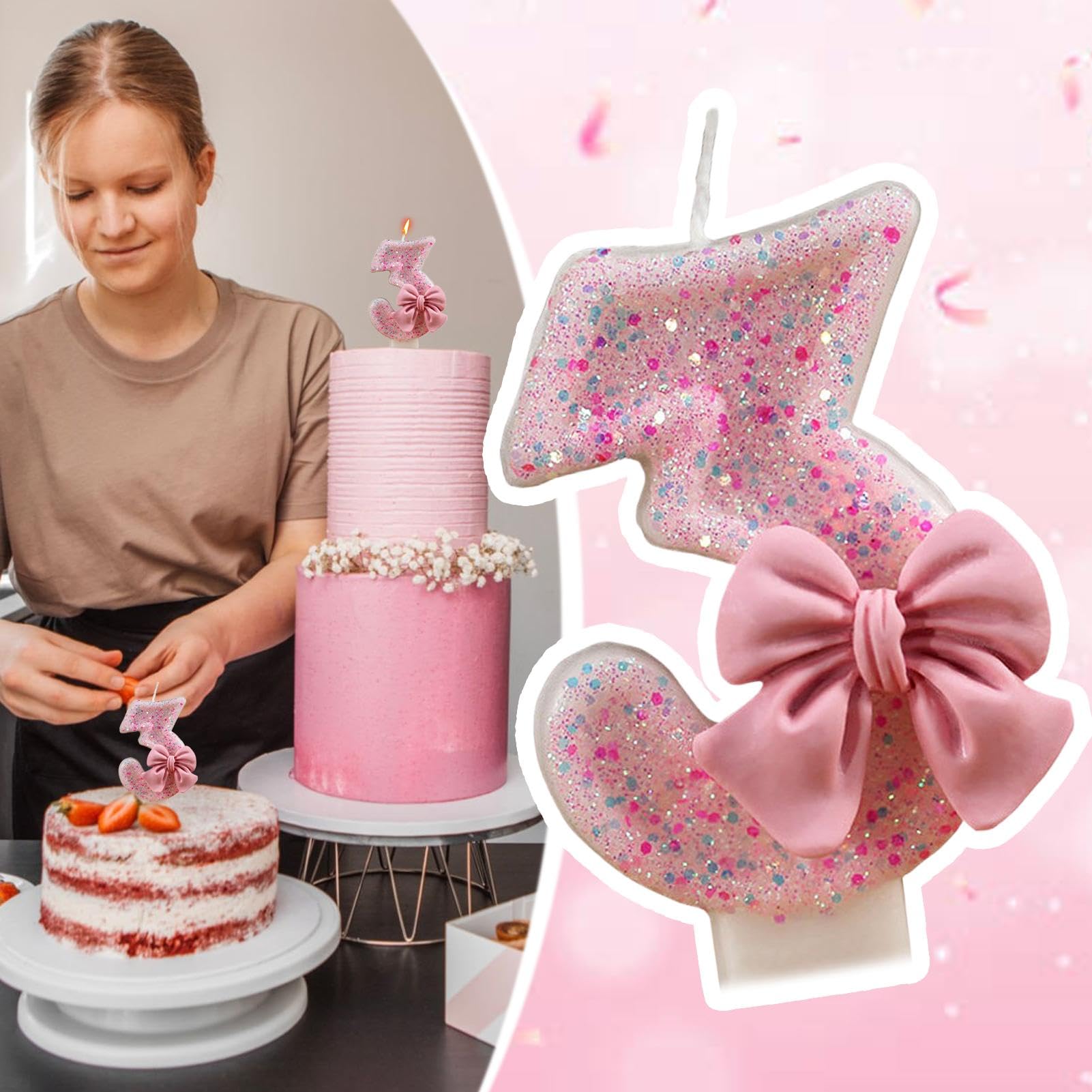 Candela Numero Per Torta - Fiocco Rosa E Pois - Decorazione Compleanno Cartoon - Numero 3 - Foto 2