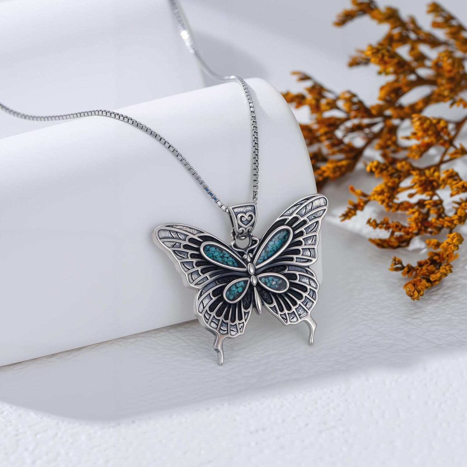 Genuine Turquoise Butterfly Necklace, Sterling Silver Dainty Native American Western Jewelry Birthdays Gift for Women - Image 2