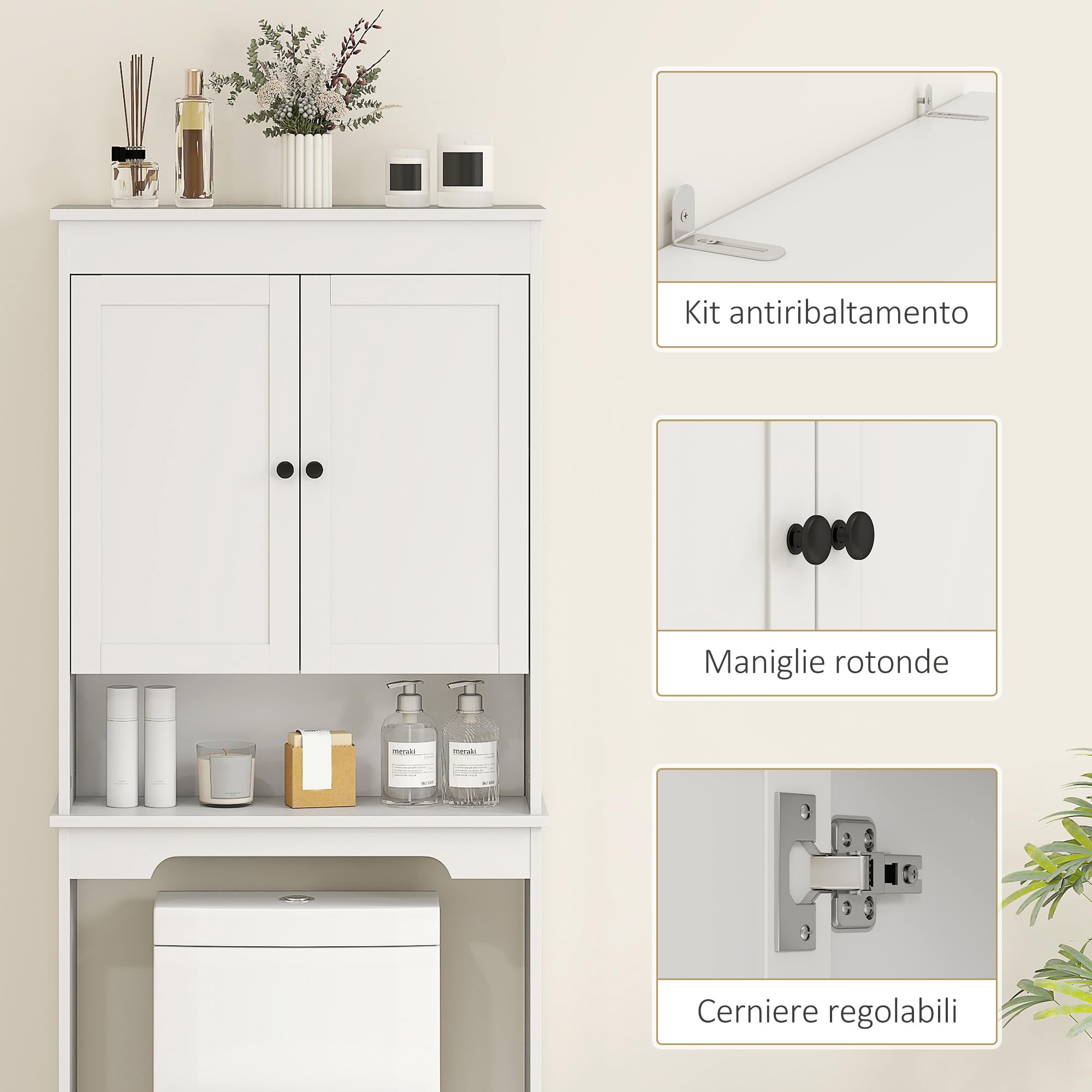 HOMCOM Mobile Sopra WC con 2 Mensole Chiuse, Ripiano Aperto e Soft Close, Mobile Contenitore Salvaspazio in Legno, Scaffale Sopra WC, 65x22x161 cm, Bianco