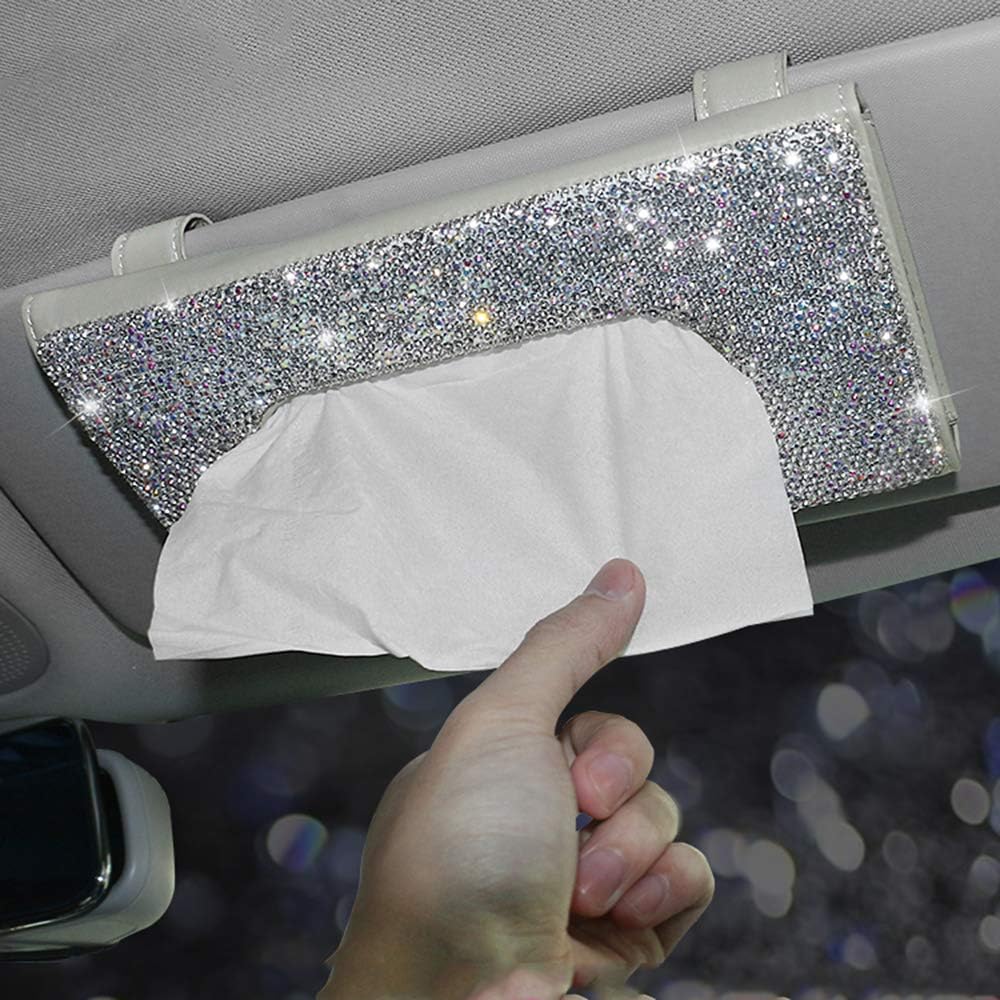 Dotesy Sparkling Bling Car Visor Tissue Holder Leather Crystals Paper Towel Cover Case for Women