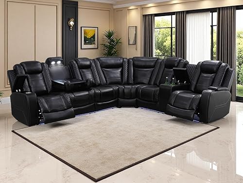 Miniatura 40 de Juego de sofá modular reclinable eléctrico, juegos de muebles de sala de estar, sofá reclinable seccional de cuero negro, sofá reclinable eléctrico
