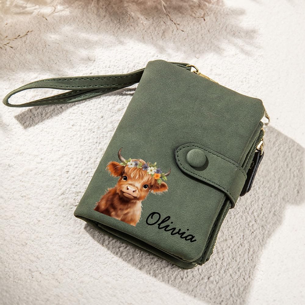 callie Personalized Highland Cow Leather Wallet for Women Girls, Gifts for Highland Cow Lovers, Multicolor