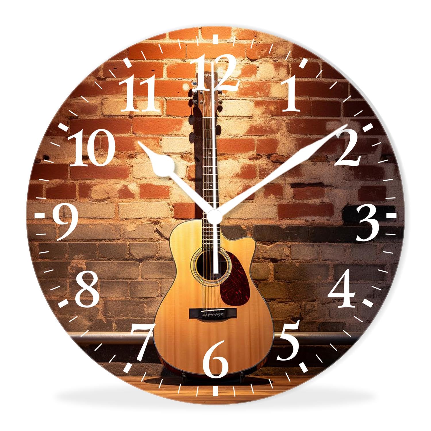 Kyvita Battery Operated Analog Wall Clocks Non-Ticking Quiet Clock Decorative for Bedroom,Office,Bathroom-Guitar on Brick Wall Vintage Painting(12inch