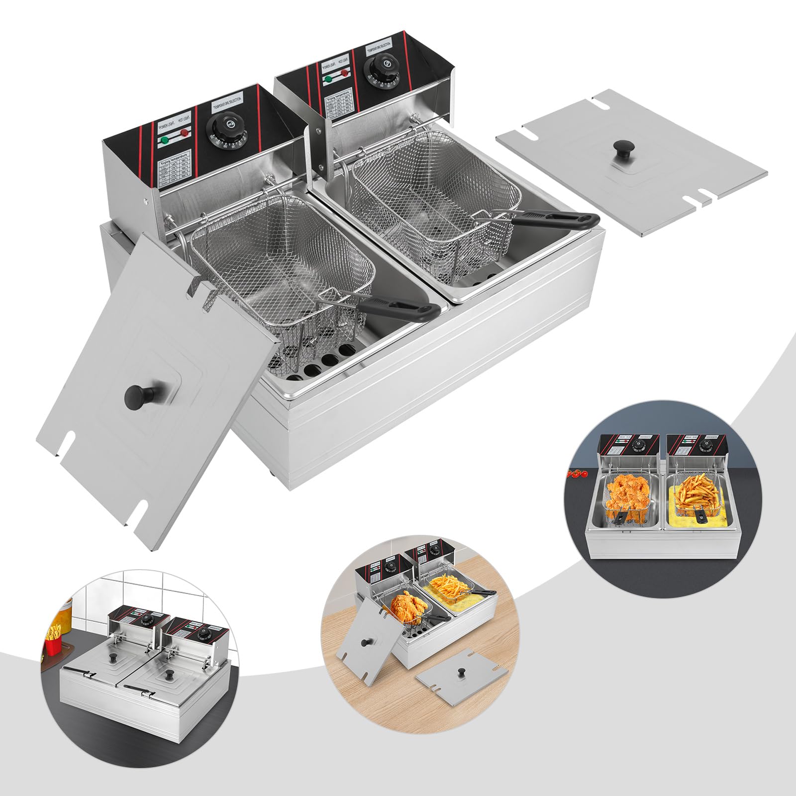 Freidora eléctrica doble de 12 litros, 5000 W, 2 x 2,5 kW, acero inoxidable, freidora profesional para restaurante o aperitivo y hogar, tapa de seguridad