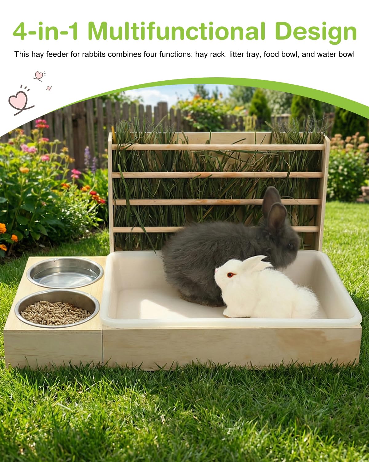 Kaninchen Heu Feeder mit 2 Näpfen, 4 in 1 Heuraufe Holz Futterspender, Hasentoilette, für Kaninchen, Meerschweinchen, Chinchillas, Hasen und andere Kleintiere 54 x 36.5 x 28cm