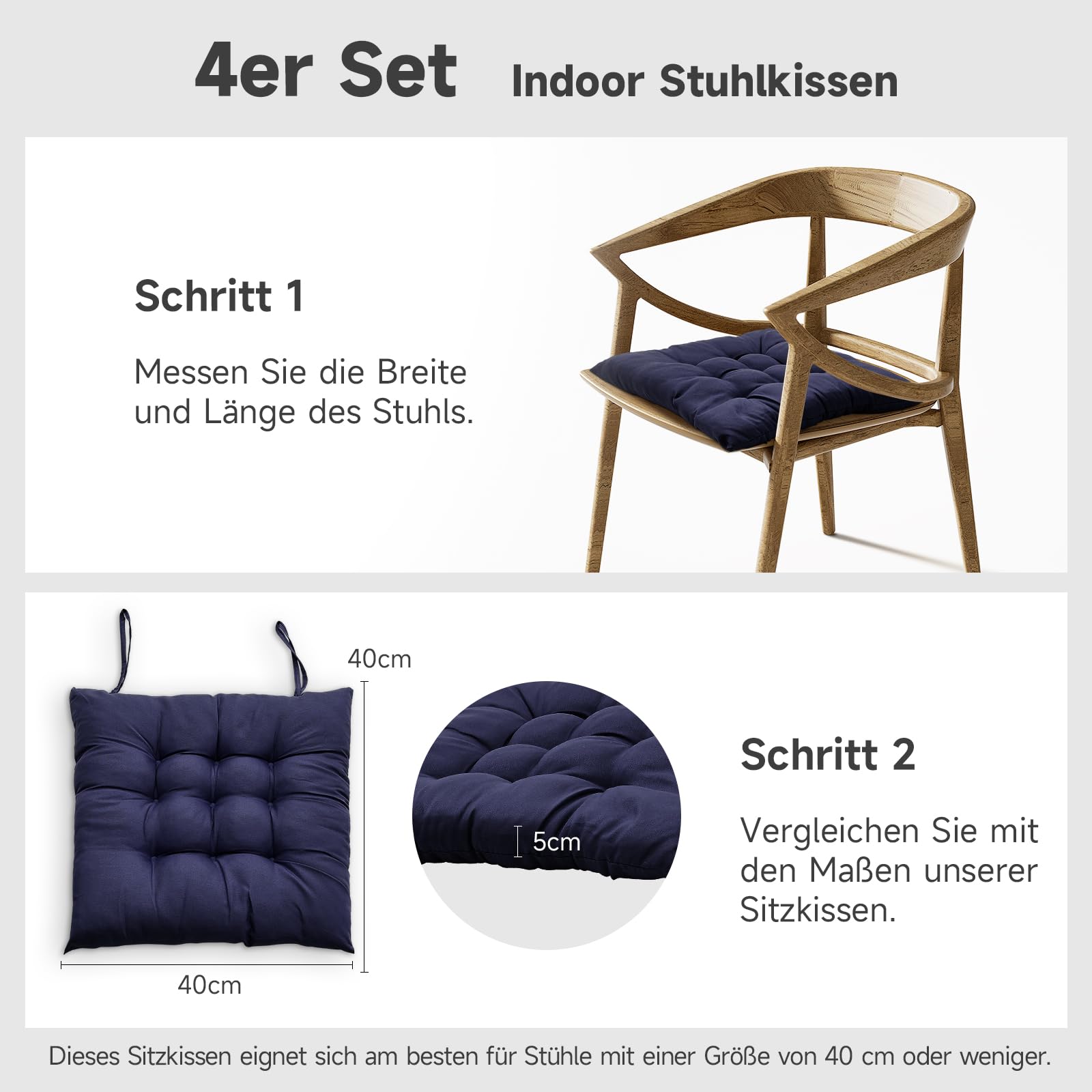 4er Set Stuhlkissen mit Bändern, Bequemes Sitzkissen 40x40 cm Stuhlauflage für Bürostuhl, Gartenstuhl, Balkonstuhl, Sitzpolster Indoor & Outdoor für Esszimmer, Wohnzimmer, Studierzimmer Blau