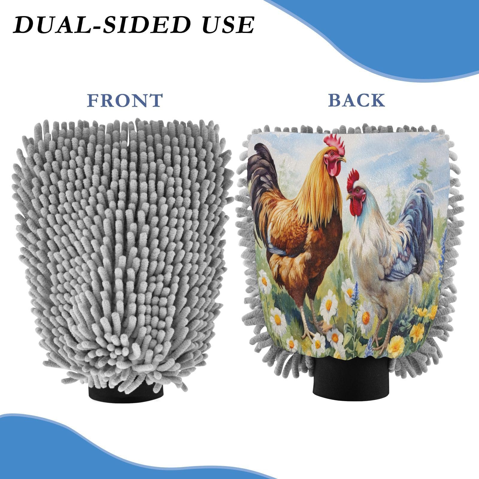 Flradish 2 Pack Country Rooster Car Wash Mitt Chenille Microfiber Lint-Free Scratch Free Ultra-Soft Absorbent Car Wash Mitt 11.8x8.07 Inch