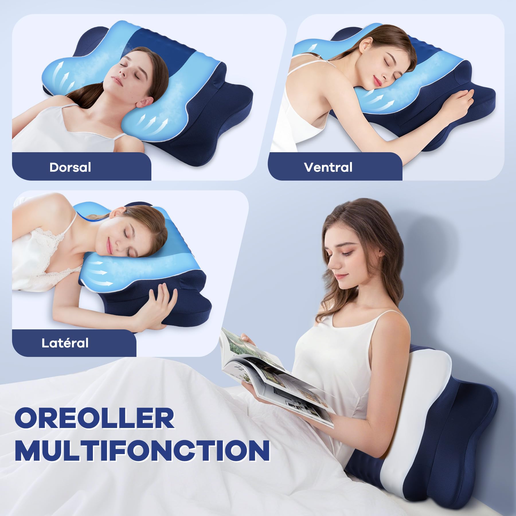 DONAMA Oreiller Ergonomique Cervical à Mémoire de Forme Haute Densité, Mousse à Rebond Lent pour Soutien du Cou et de la Nuque, Conception 2 en 1 pour Dormeurs sur Le Côté, Le Dos et Le Ventre