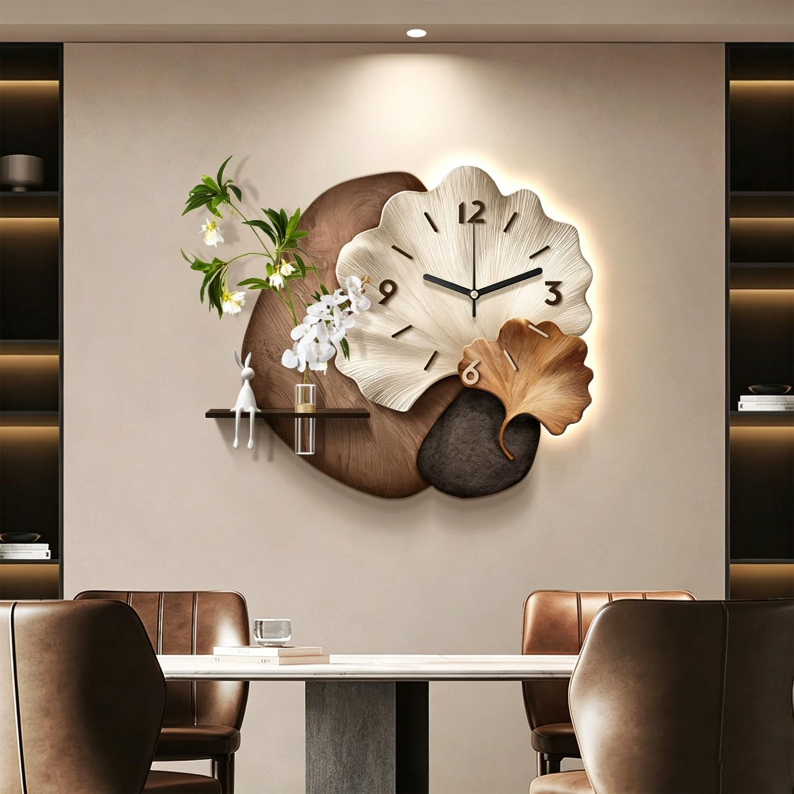 OECETCAWKD Modern 3D LED Wall Clock with Silent Non-Ticking, Sandstone Wall Art with Artificial Plants and Vase, Plug-in Power Supply Wall Decor for Living Room Dining Room(A,60 * 50CM/23.6 * 19.7IN)