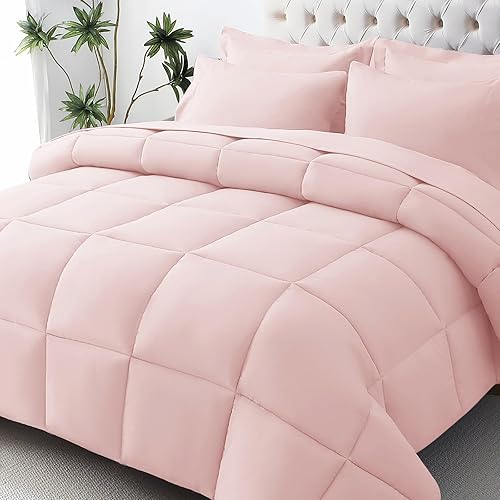 JOLLYVOGUE Full Comforter Set, Ultra-Soft Bed in a Bag Full Size 7 Pieces, Oeko-TEX Certified Bedding Set with Down Alternative Comforter, Sheets, Pillowcases & Shams, Blush Pink