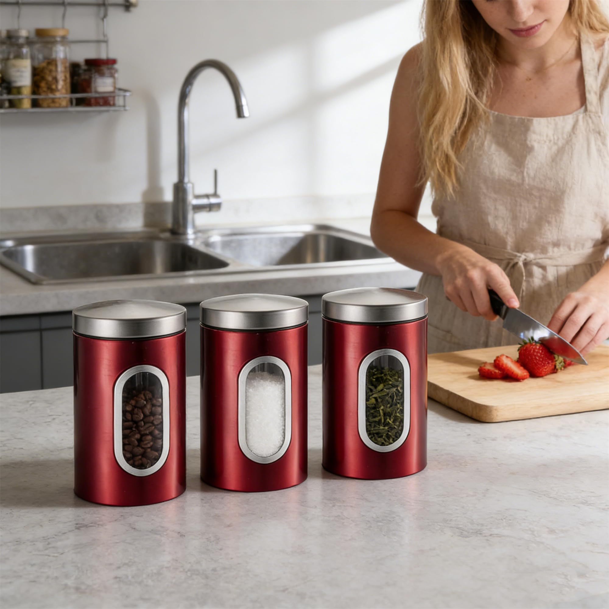 Set di 3 barattoli ermetici da cucina in acciaio inox, con finestra trasparente per tè, caffè, bar, ristorante, piano di lavoro