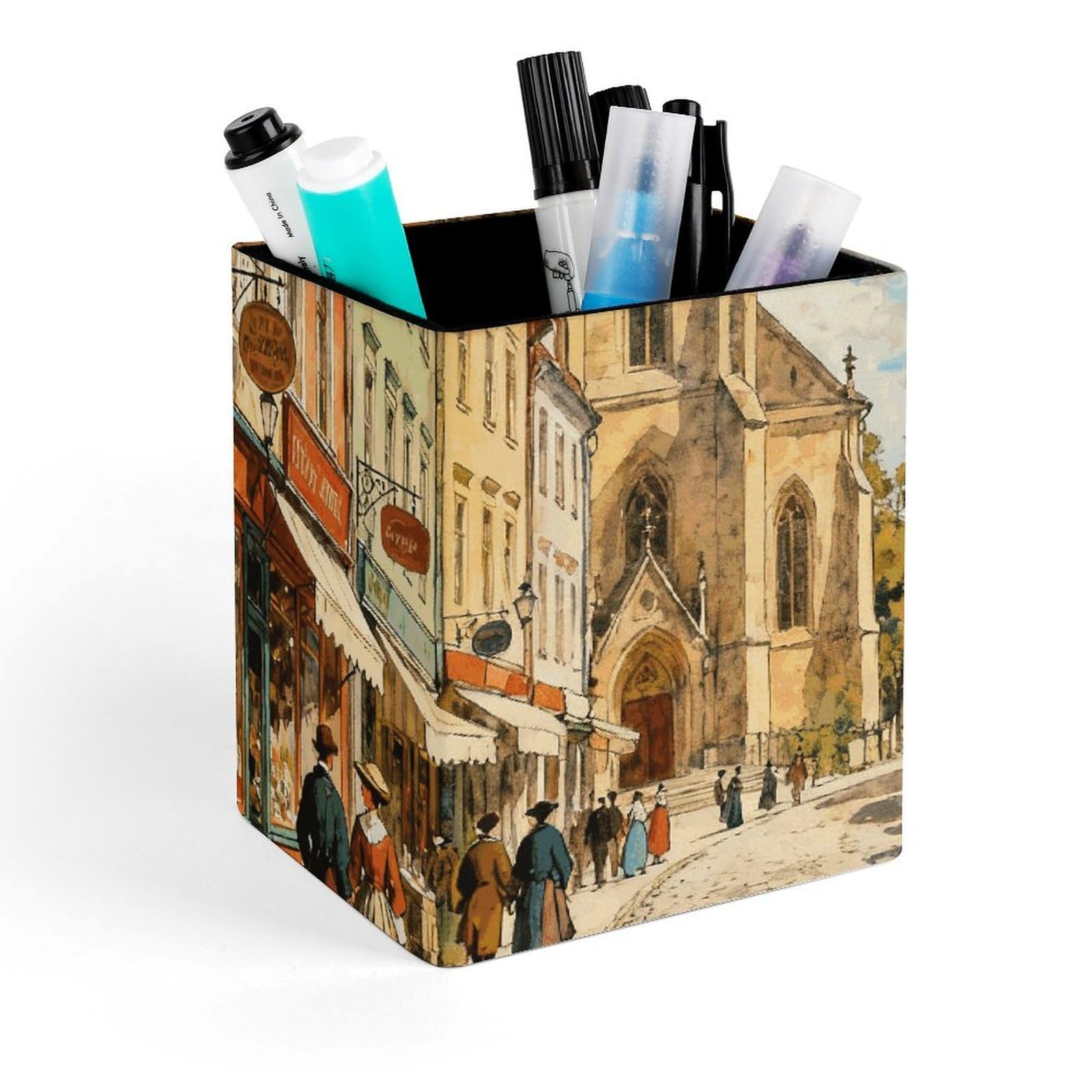 DWVTSLH Aesthetic Pen Holder for Desk - Modern Leather Pencil Holder - Stylish Square Makeup Brush Holder - European Street View Pen Cup Cute And Functional Desk Organizer for Office Supplies