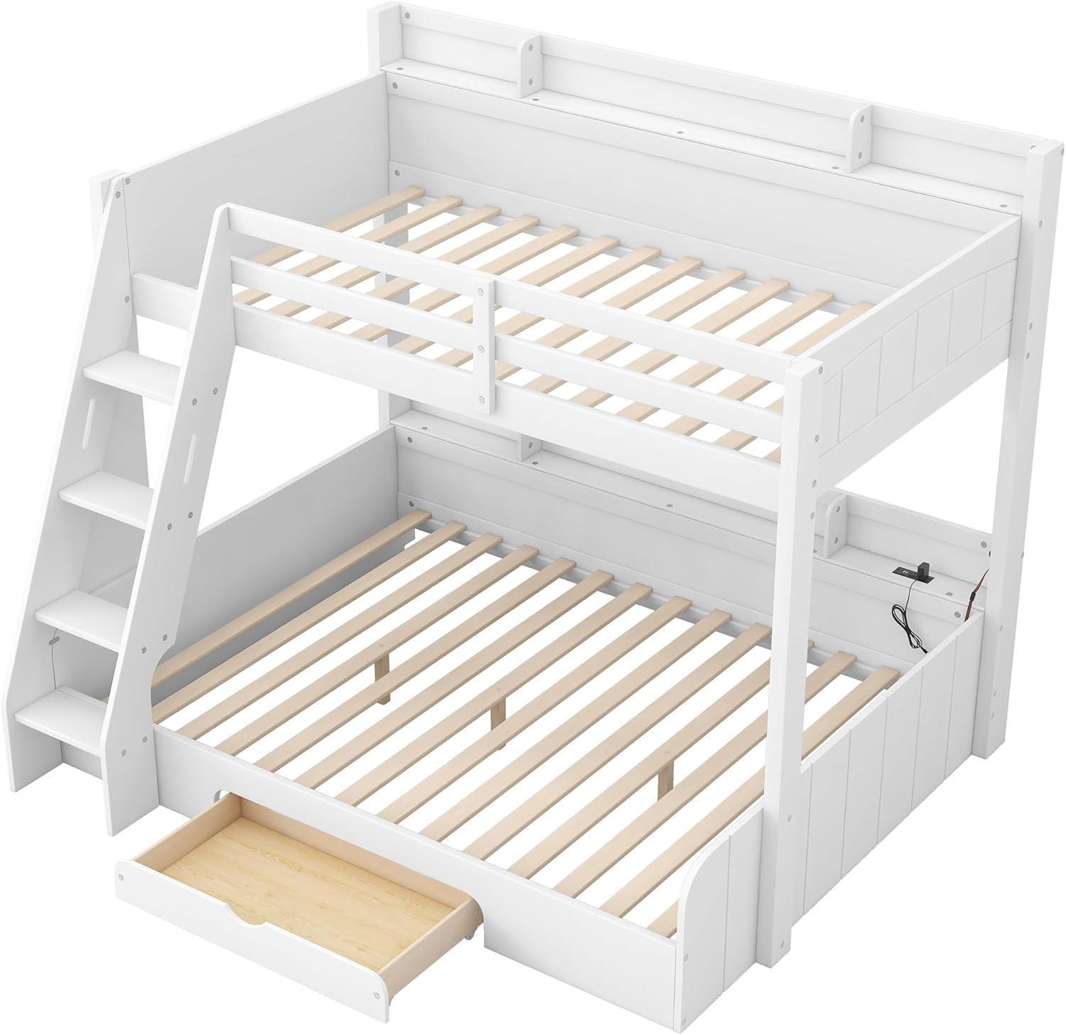 LZ LEISURE ZONE Twin Over Full Bunk Bed, Wood Bunk Bed with Shelves, LED, Charging Station and a Drawer, White