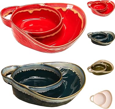 Soup And Side Bowl Plate Ceramic, Chip And Dip Divided Bowls,Retro style Soup Bowl With Cracker Holder, Ssoup and side bowl,Heat-Resistant Fan Shape Ceramic Split Cereal 2*Red+Blue