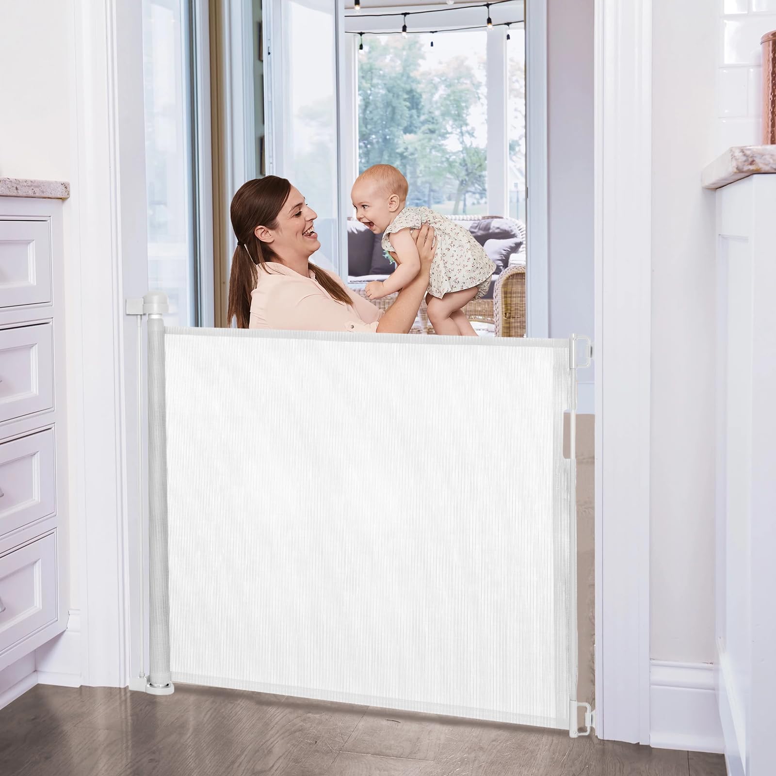 NAIMORUI Retractable Baby Gate, Baby Gate for Doorways & Stairs 35" Tall, Extends up to 55" Wide, Pressure Mounted, Easy Walk-Thru Design, Child & Pet Friendly, White