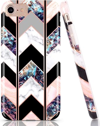 BAISRKE Shiny Rose Gold Wave Geometric Marble Case Slim Soft TPU Rubber Bumper Silicone Protective Phone Case Cover Compatible with iPhone 8 / iPhone 7 / iPhone 6 6s 4.7 inch [Black]