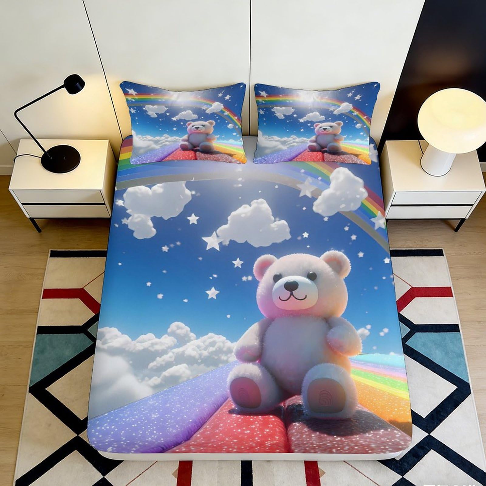 3D Printed Cute Teddy Bear Rainbow Fitted Sheet Microfiber Soft Breathable Cloud Stars Mattress Cover for Bedroom Dorm Protection Decor 90x200x25cm