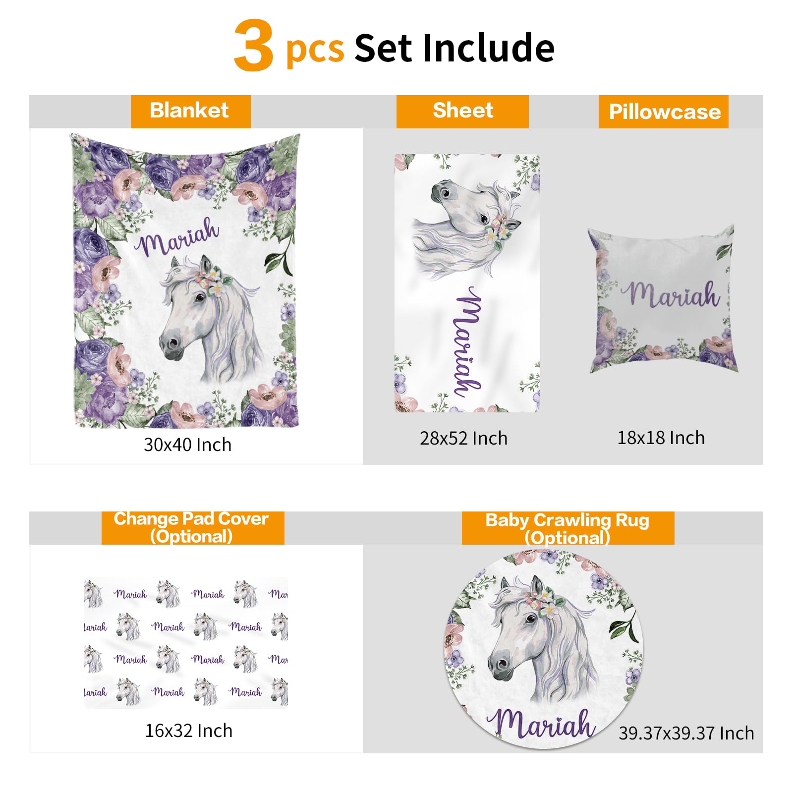 Juego de ropa de cama personalizado para cuna, diseño de caballo, juego de ropa de cama de 3 piezas, manta suave y elegante, sábana, funda de almohada para recién nacidos, niños y niñas,