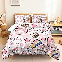 Vista 3 de CVHOUSE Juego de ropa de cama Kawaii tamaño Queen, juego de ropa de cama de conejo Kawaii para niñas y niños, lindo juego de edredón de conejo