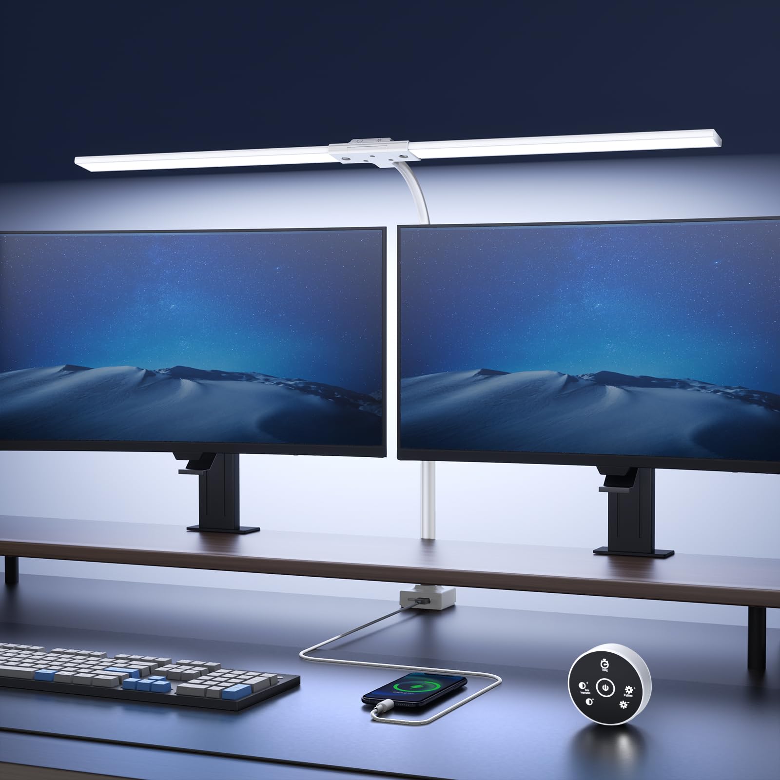 Lampa biurkowa LED 24 W z zaciskiem - 1500 lm 80 cm lampa do czytania łabędzia z pilotem, port ładowania USB do domu i biura, biała