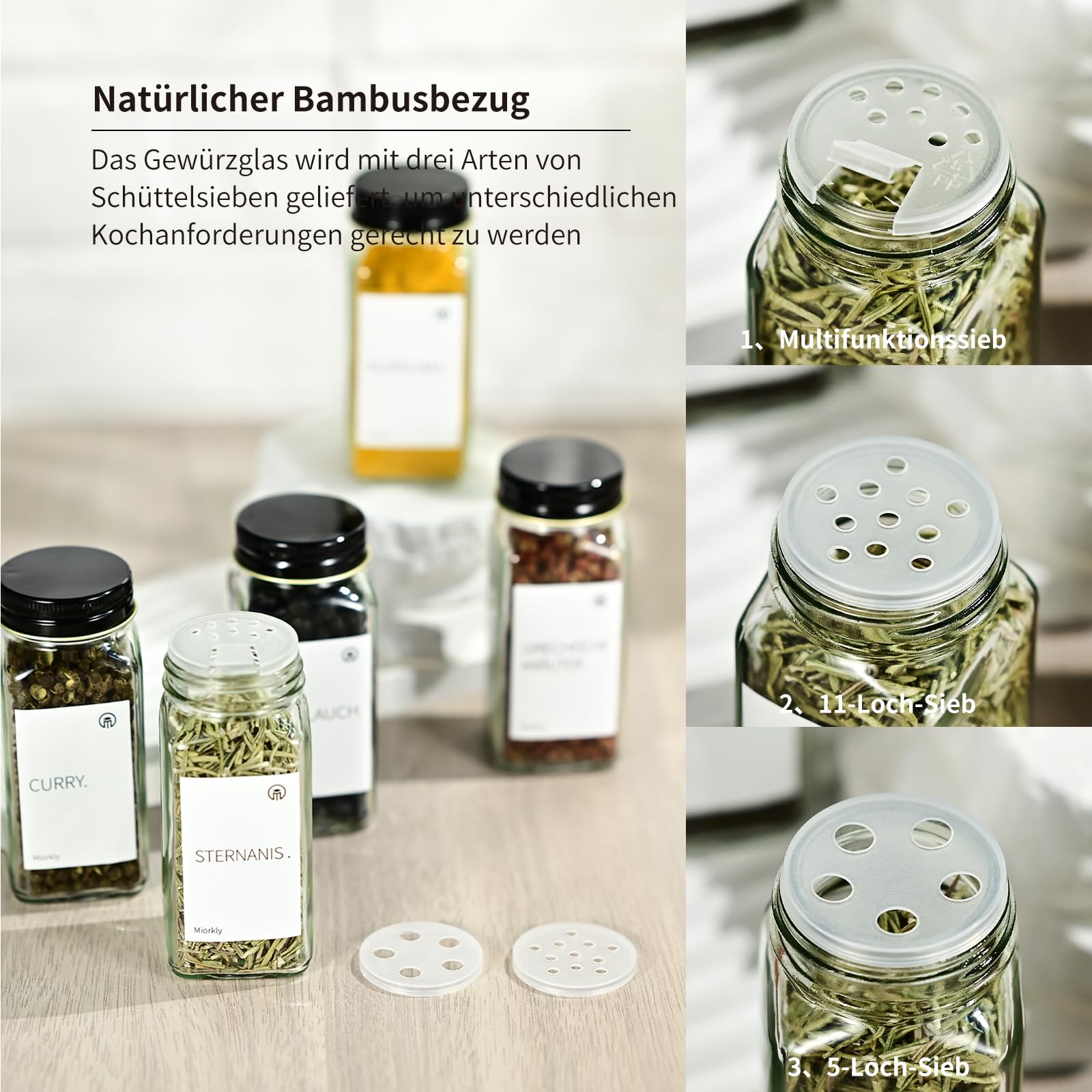 Miorkly Gewürzgläser mit Gewürzregal - 24 Eckige Gewürzdosen mit Etiketten