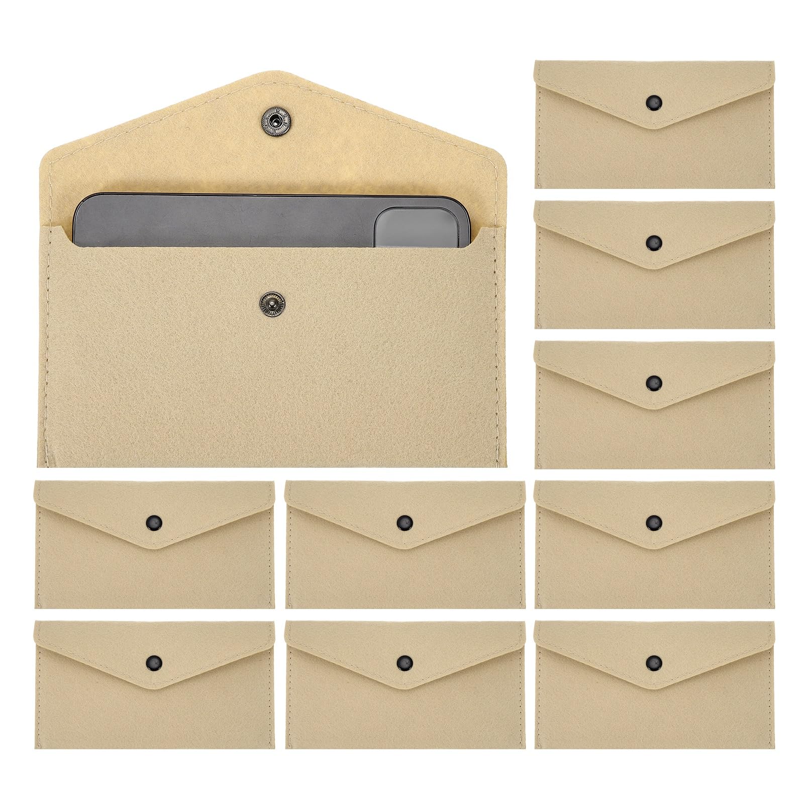 PATIKIL 10Pcs Felt Money Bag, Felt Cellphone Sleeve Case Pouch Cash Bag Button Closure Cash Envelope Wallet Storage Pouch for Card Pen Sunglasses, Dark Khaki