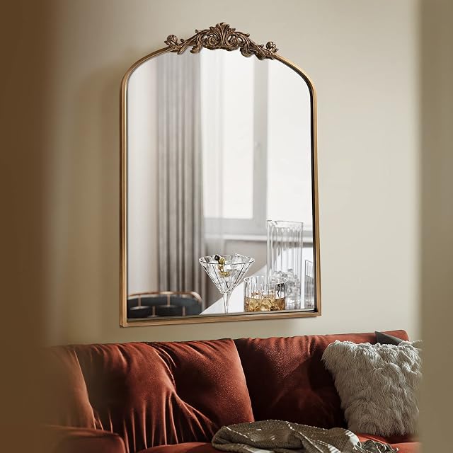 OUSHUAI Miroir mural orné en or, design baroque/victorien, finition bronze antique Cadre plein en métal, pour Hallway, Salle de bains, Sur une cheminée, 24x36 1 cm