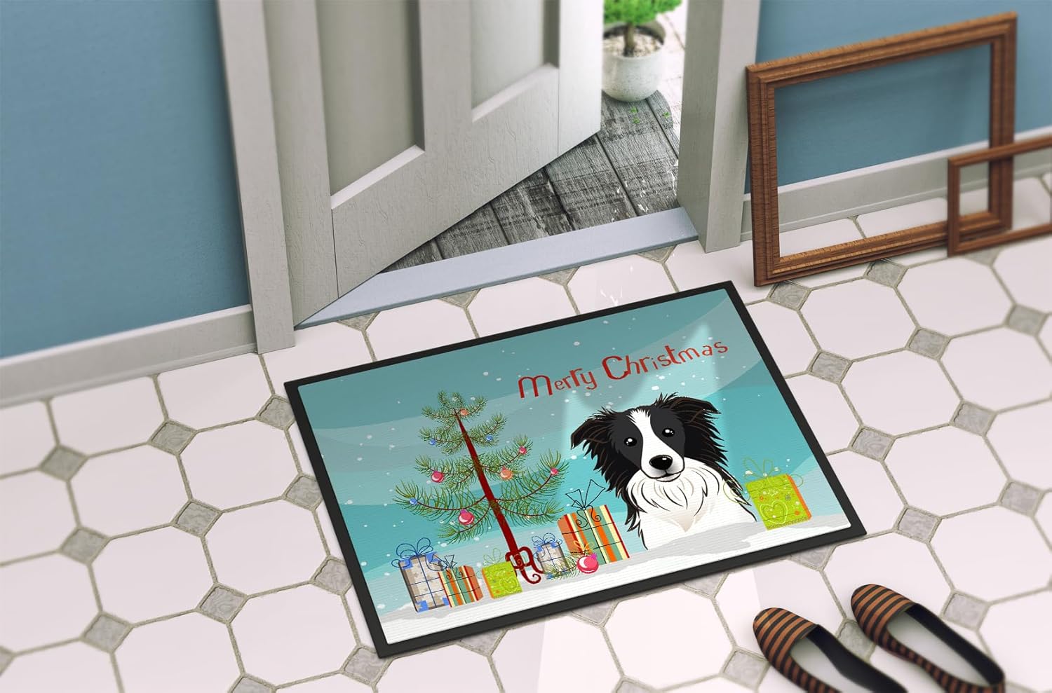 Caroline's Treasures BB1613MAT Christmas Tree and Border Collie Doormat 18x27 Front Door Mat Indoor Outdoor Rugs for Entryway, Non Slip Washable Low Pile, 18H X 27W