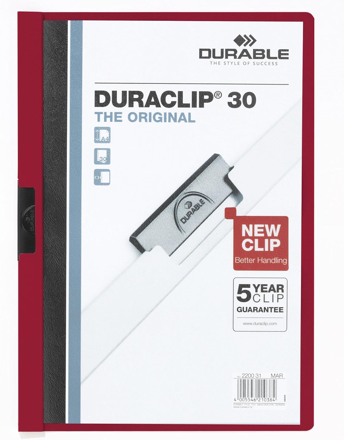 Durable DURACLIP 30 A4 Clip Folder - Holds Up to 30 Sheets of A4 Paper - Strong Metal Sprung Clip - Pack of 25 White Colour Folders for Organising Documents