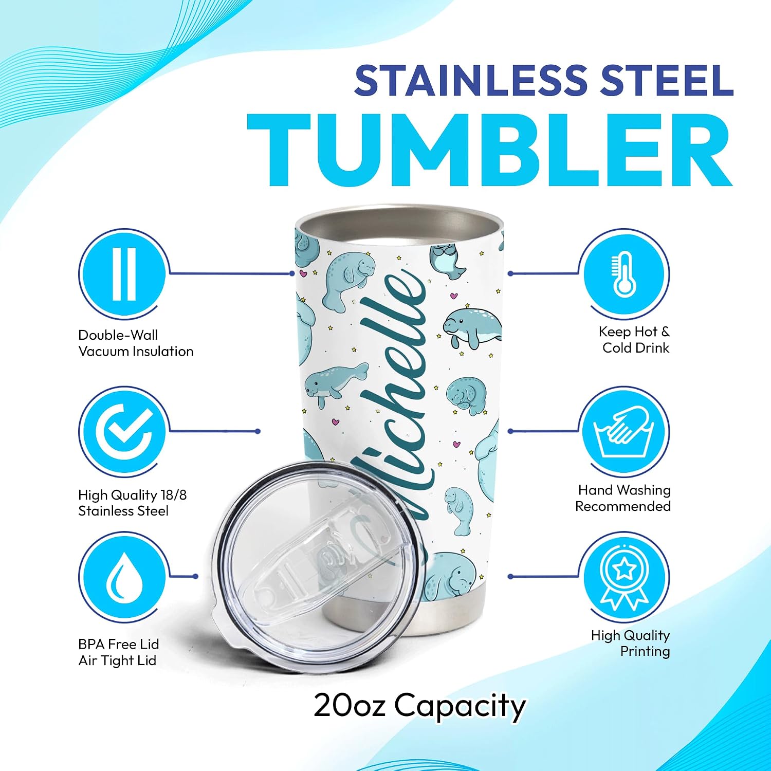 Hyturtle Personalized Gifts Manatee Lover - Manatees Printed Customized Name Stainless Steel Tumbler 20 oz With Lid - Idea Cute Sea Animal Lover Gifts For Women, Girl, Kids On Birthday, Christmas