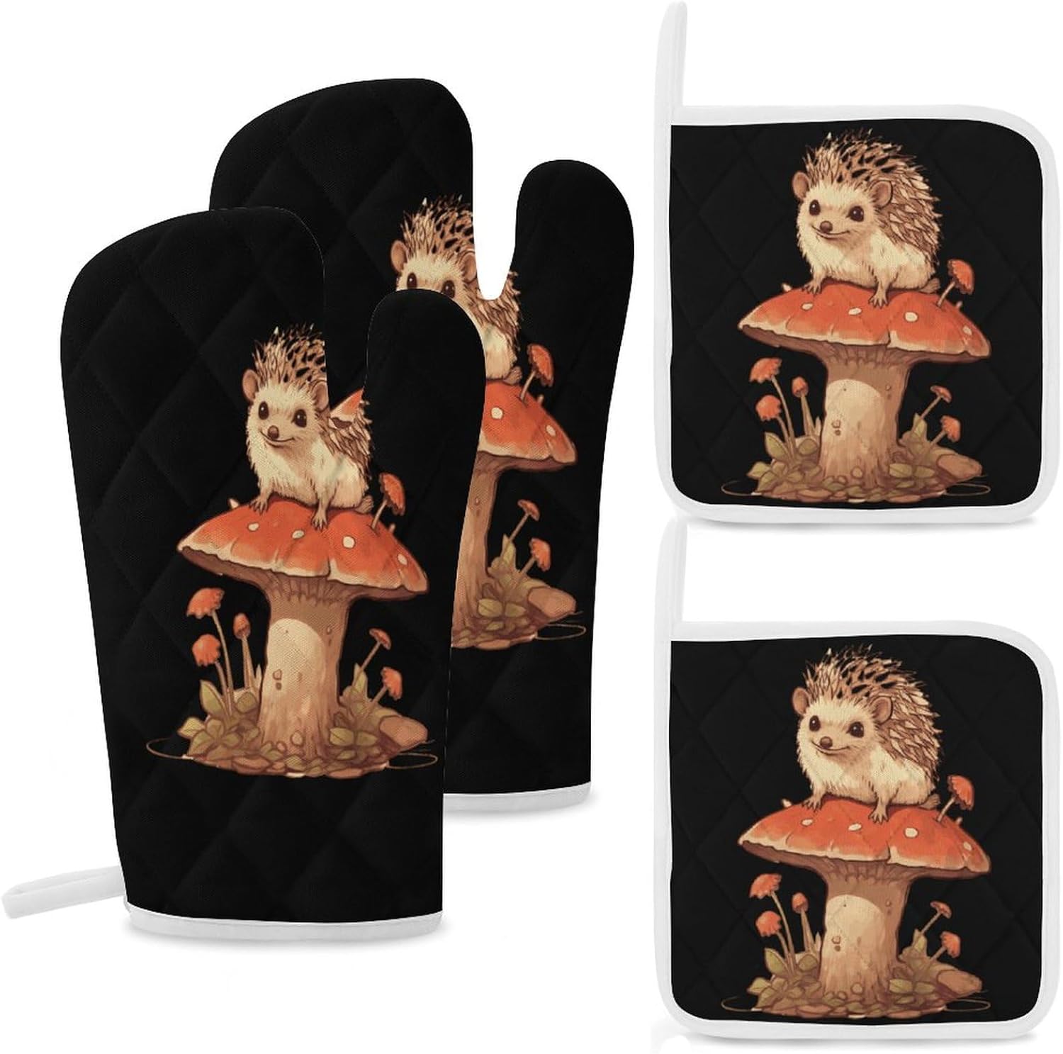 Mushroom Hedgehog 4 Pcs Oven Mitts and Pot Holders Set High Heat Resistant Long Kitchen Oven Glove Potholders