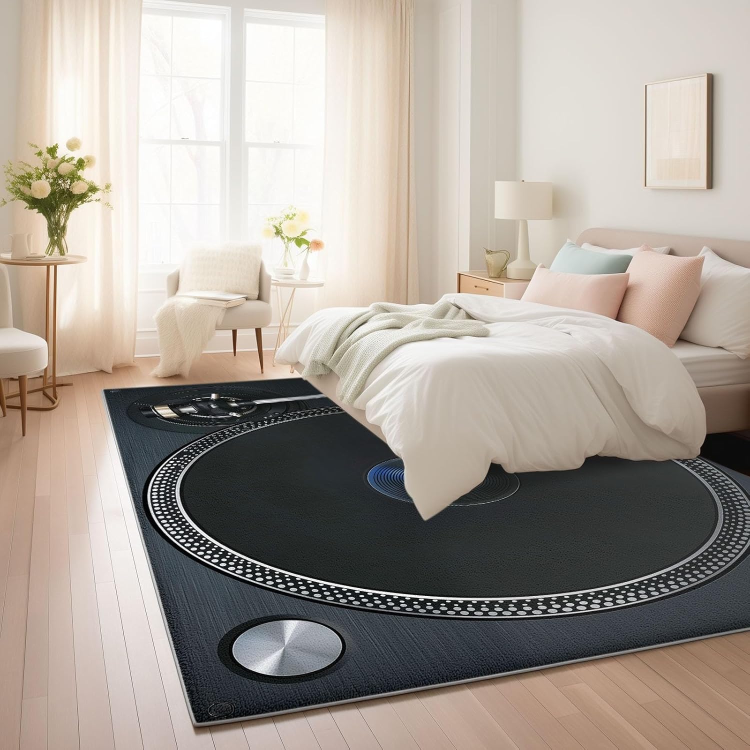 Music Theme Rock Dj Records Area Rug 5 x 8 ft, Washable Black Rugs - Non-Slip Soft Carpet Stain Resistant High Traffic Carpet for Bedroom Living Room Kitchen Entryway Porch