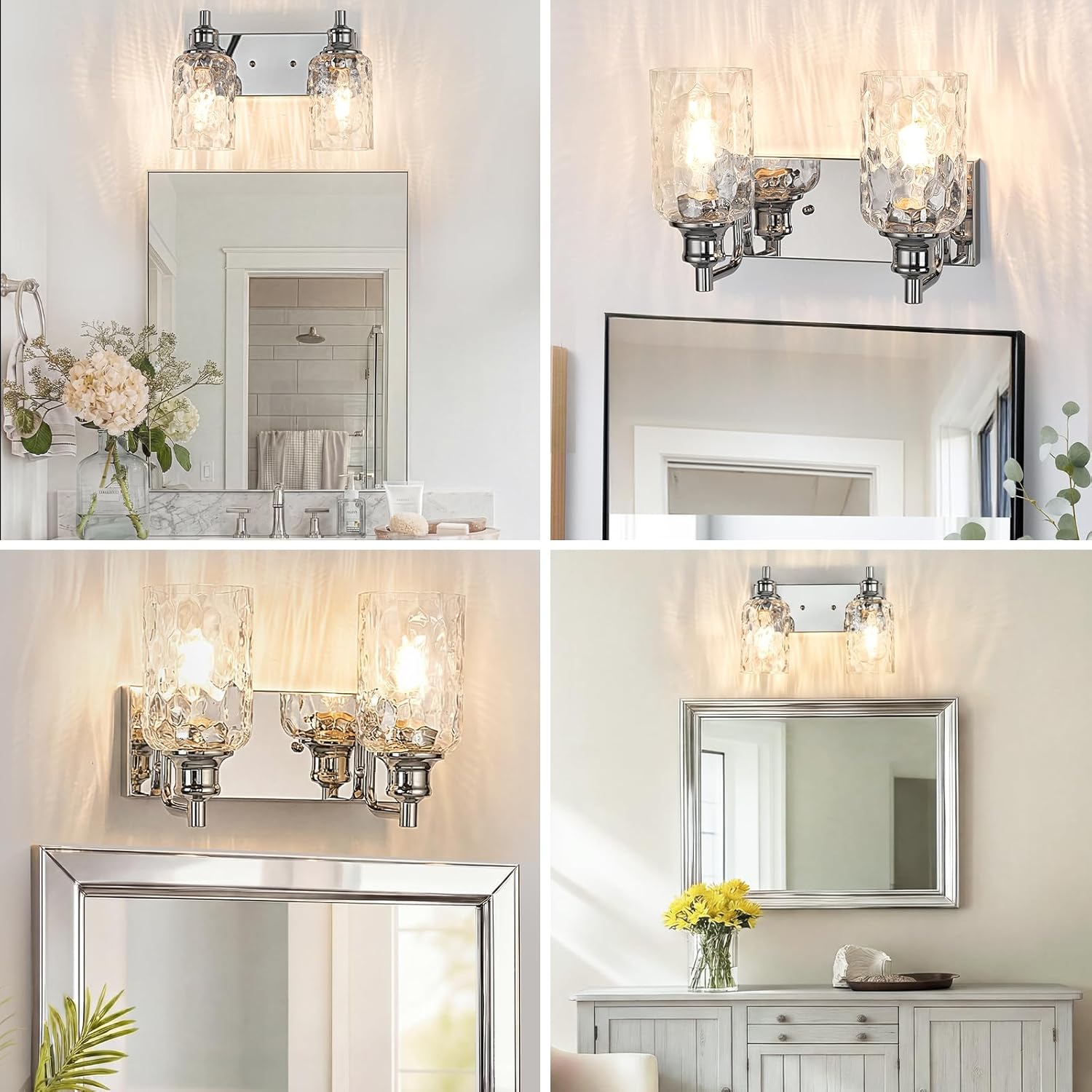 Bathroom Light Fixtures Over Mirror, 2 Lights Vanity Lights with Hammered Glass Shade, 12.7" Chrome Farmhouse Bathroom Light Fixtures for Bedroom, Porch, Hotel, Mirror Cabinet