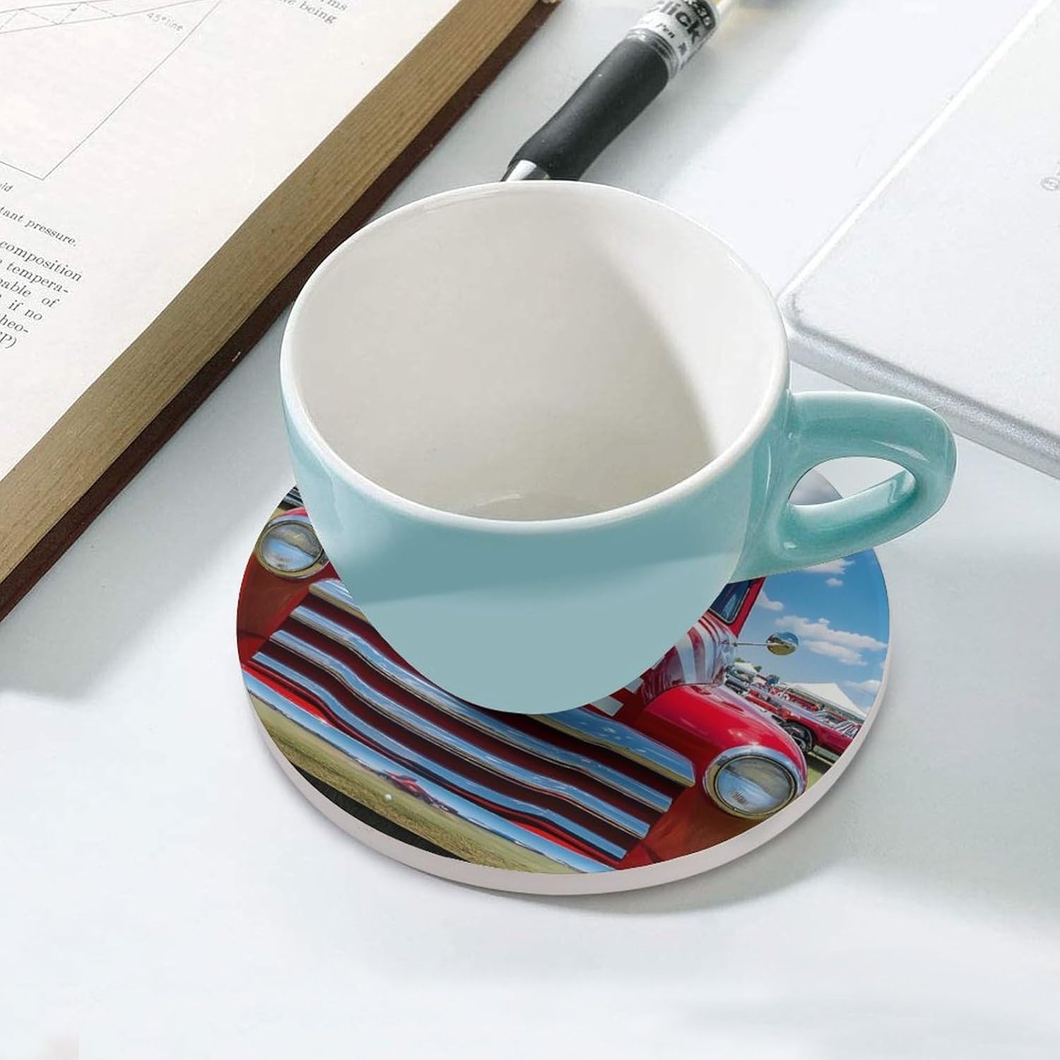 Old Truck in U.S. Flag Funny Round Ceramic Coasters for Drink Absorbent Cup Holders Tabletop Protection