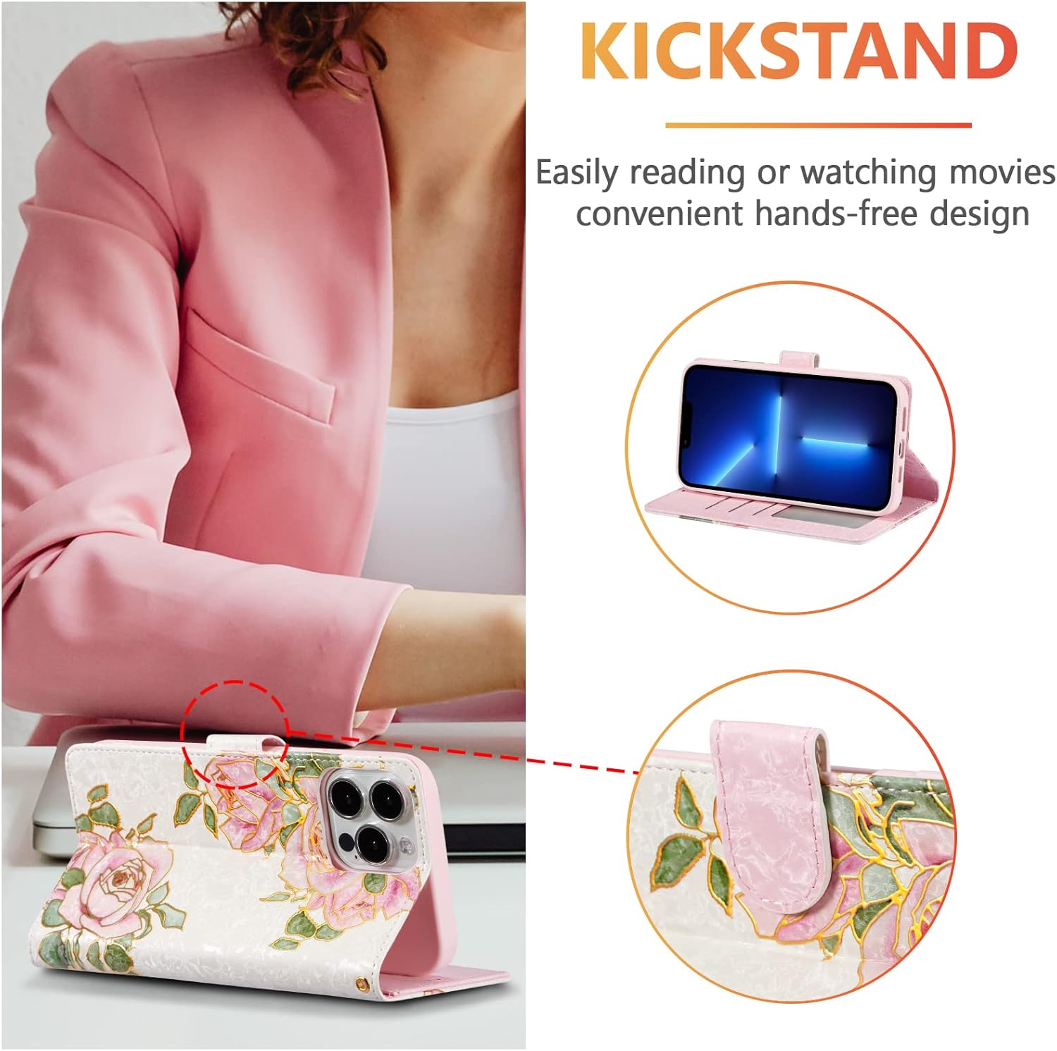 UEEBAI Wallet Case for iPhone 13 Pro Max 6.7 inch, PU Leather Case Kickstand RFID Blocking Flip Case Card Slots Wrist Strap Relief Engraved Pattern Magnetic Closure Flower Folio Case, White Rose - Image 2