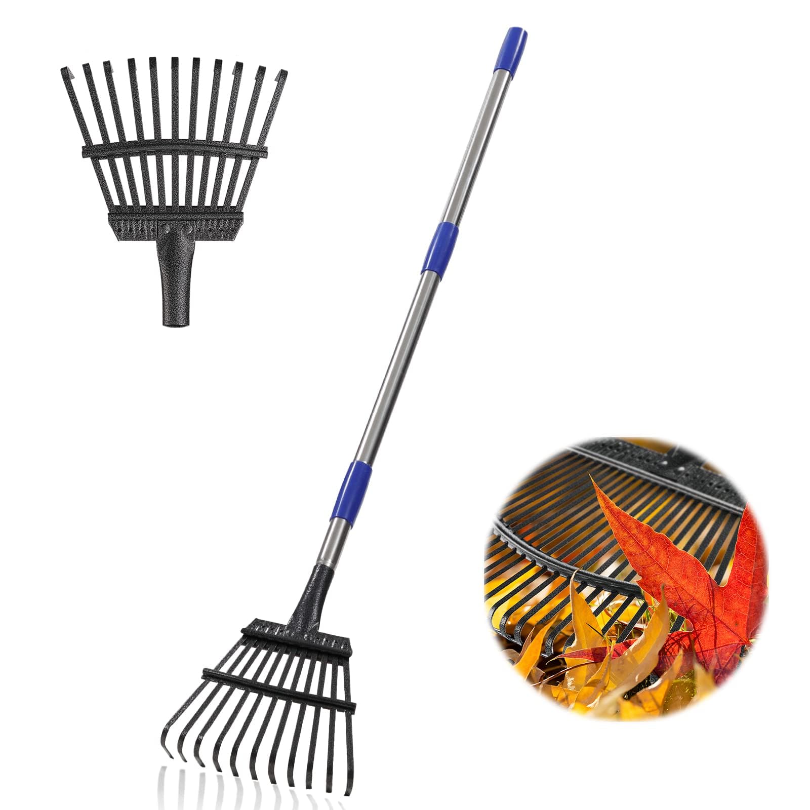 Rastrello da giardino Heavy Duty, per lavori di giardinaggio con 11 denti in metallo di larghezza 21 cm, aggiornato da 78 a 182 cm, manico lungo regolabile per livellamento Yard Cleanup Lawns, argento
