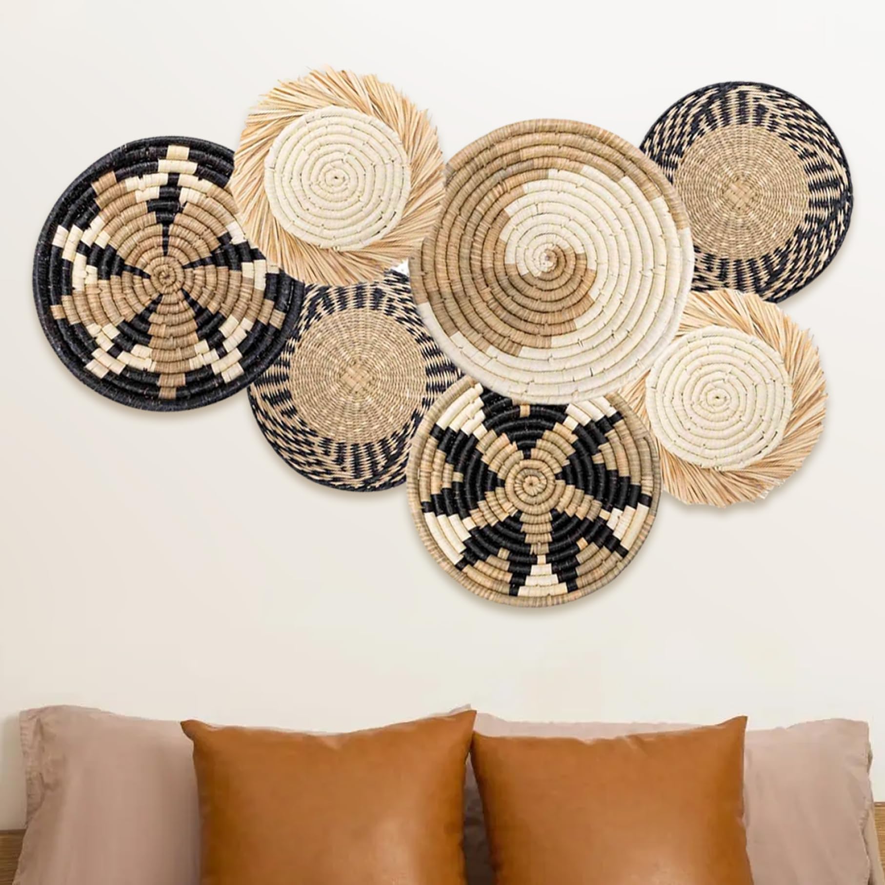 Esculturas de Pared Decoración de Cesta de Pared, 7 Piezas de decoración de Mimbre Tejido Colgante, 4 tamaños de Granja rústica, Dormitorio para Comedor Sala de Estar