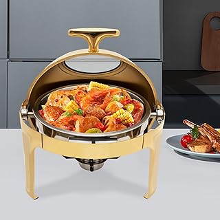 Xuthusman Chafing Dishes for Buffet，6.34QT Roll Top Buffet Warmer with Clear Lid Set Stainless Steel Round Food Chafing Dish for Catering Events Parties Dinners（Gold and Silver）