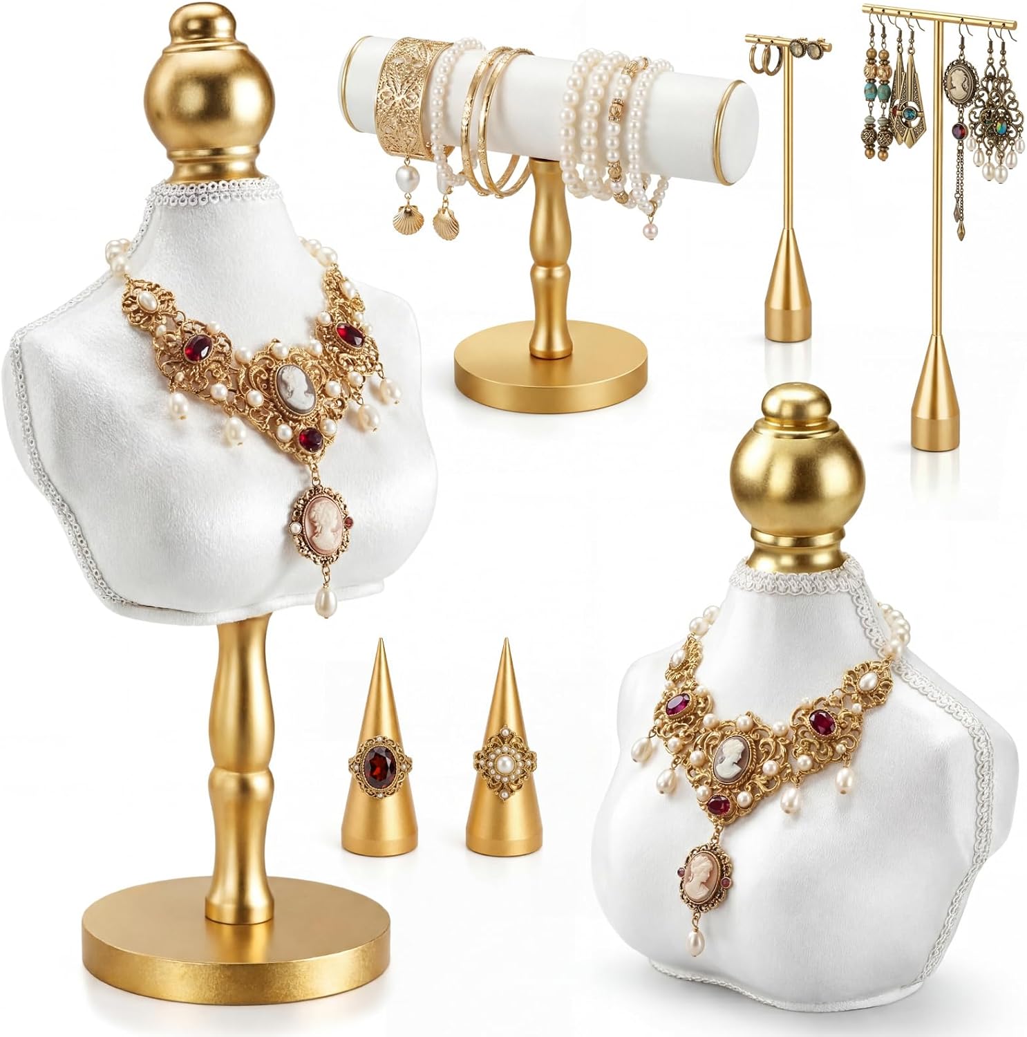 AceOrbit 7 Pcs Jewelry Display Set, Velvet Jewelry Mannequin Display, T-bar Bracelet Holder, Earring and Ring Finger Stand