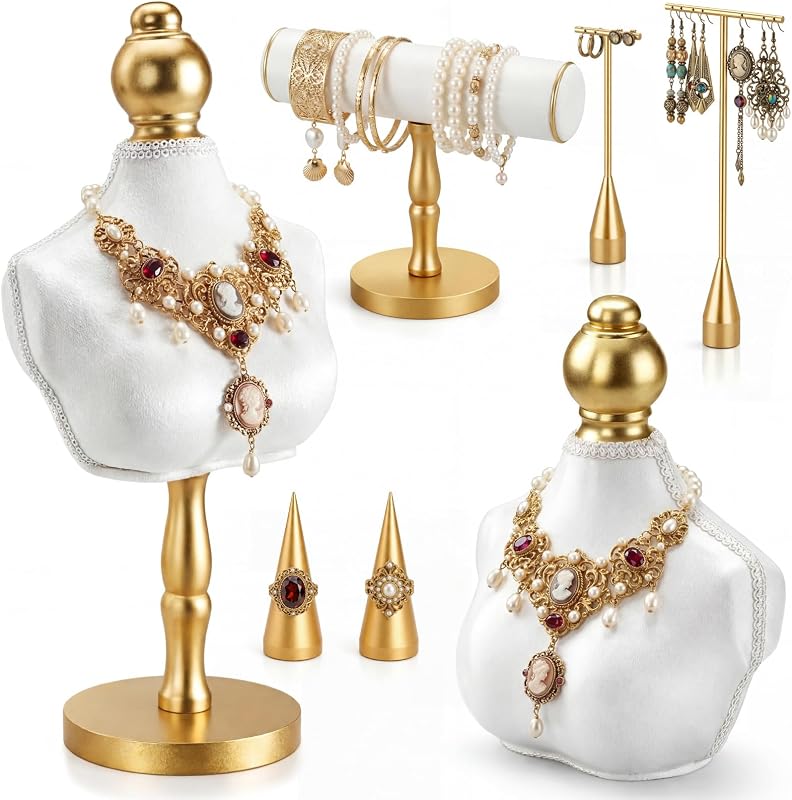 AceOrbit 7 Pcs Jewelry Display Set, Velvet Jewelry Mannequin Display, T-bar Bracelet Holder, Earring and Ring Finger Stand (White,13.8 and 8.7 Inch)