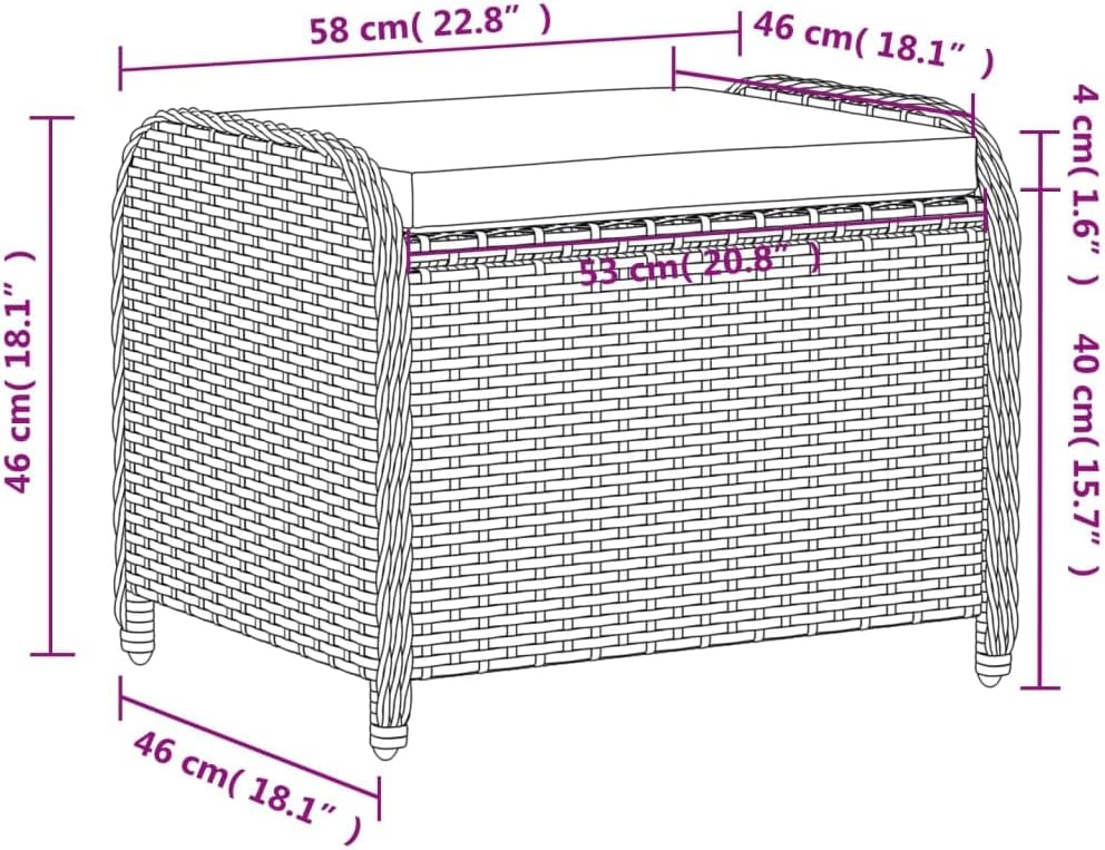 籐製ガーデンスツール クッション付き 屋外パティオ オットマン 58x46x46cm (グレー) 耐候性ウィッカー家具 ガーデンポー