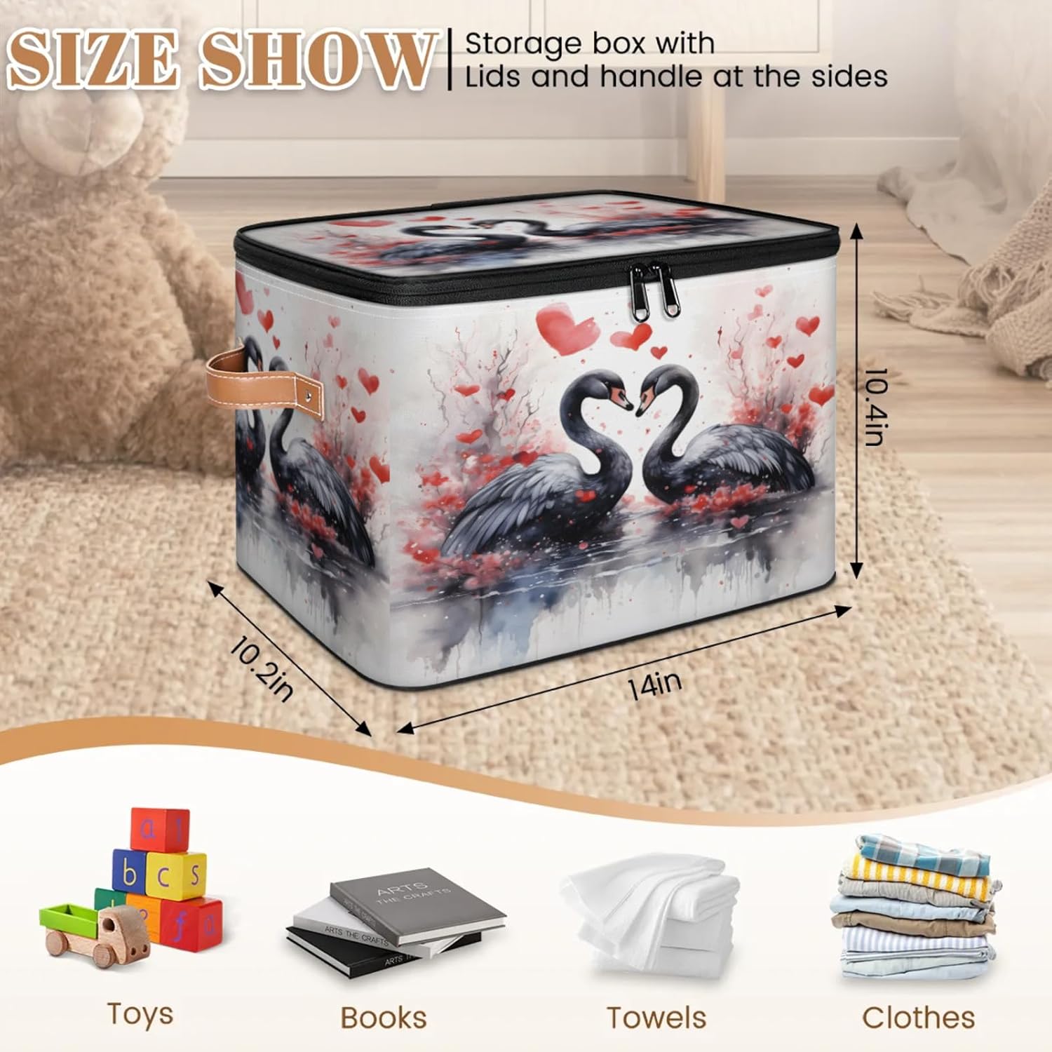 Storage Bin Set of 2 Lover Black Birds Storage Basket with Zipper Lid & Handle Foldable Closet Shelf 2 Pack Cloth Organizer Basket Cube Bins Clothes Organizer for Nursery, Bedroom