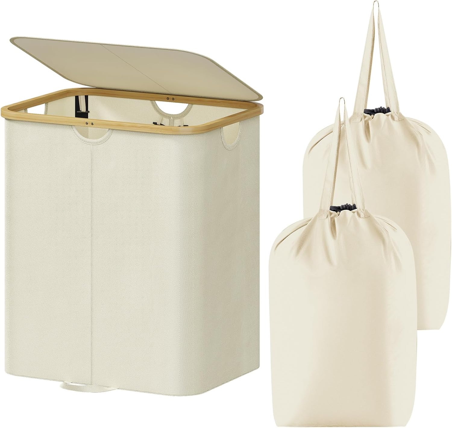 Lifewit 120L Double Laundry Hamper with Lid, Large Laundry Basket with Removable Bag & Bamboo Handles, Fodable Tall Dirty Clothes Hamper for Laundry Collapsible Bin for Bathroom Bedroom Dorm, Beige