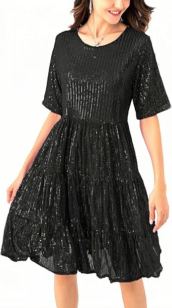 Sequin Babydoll Summer Dress,Sparkly Glitter Dress Short Flowy Tiered Tunic Dress for Women Party Club Night