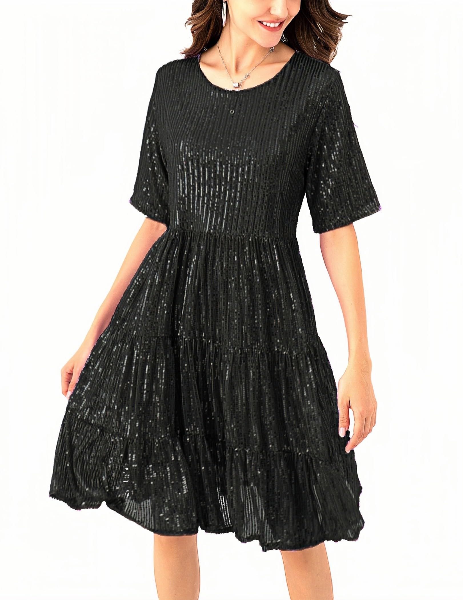 JKLESA Sequin Babydoll Summer Dress，Sparkly Glitter Dress Short Flowy Tiered Tunic Dress for Women Party Club Night